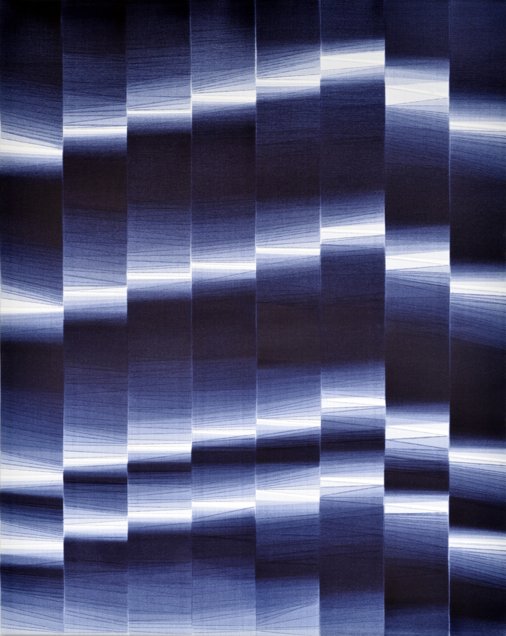 Op261125. Acrylic on canvas, 150x120cm
This large canvas continues the series I began in Cyprus. It is built from many extremely thin layers of indigo ink, each made of delicate brushstrokes slowly accumulating over time. The layering opens the illusion of sea-depth, while the tiny cesuras between strokes echo the constant, repetitive rhythm of waves. The painting becomes a record of time, movement, and this quiet, meditative flow.