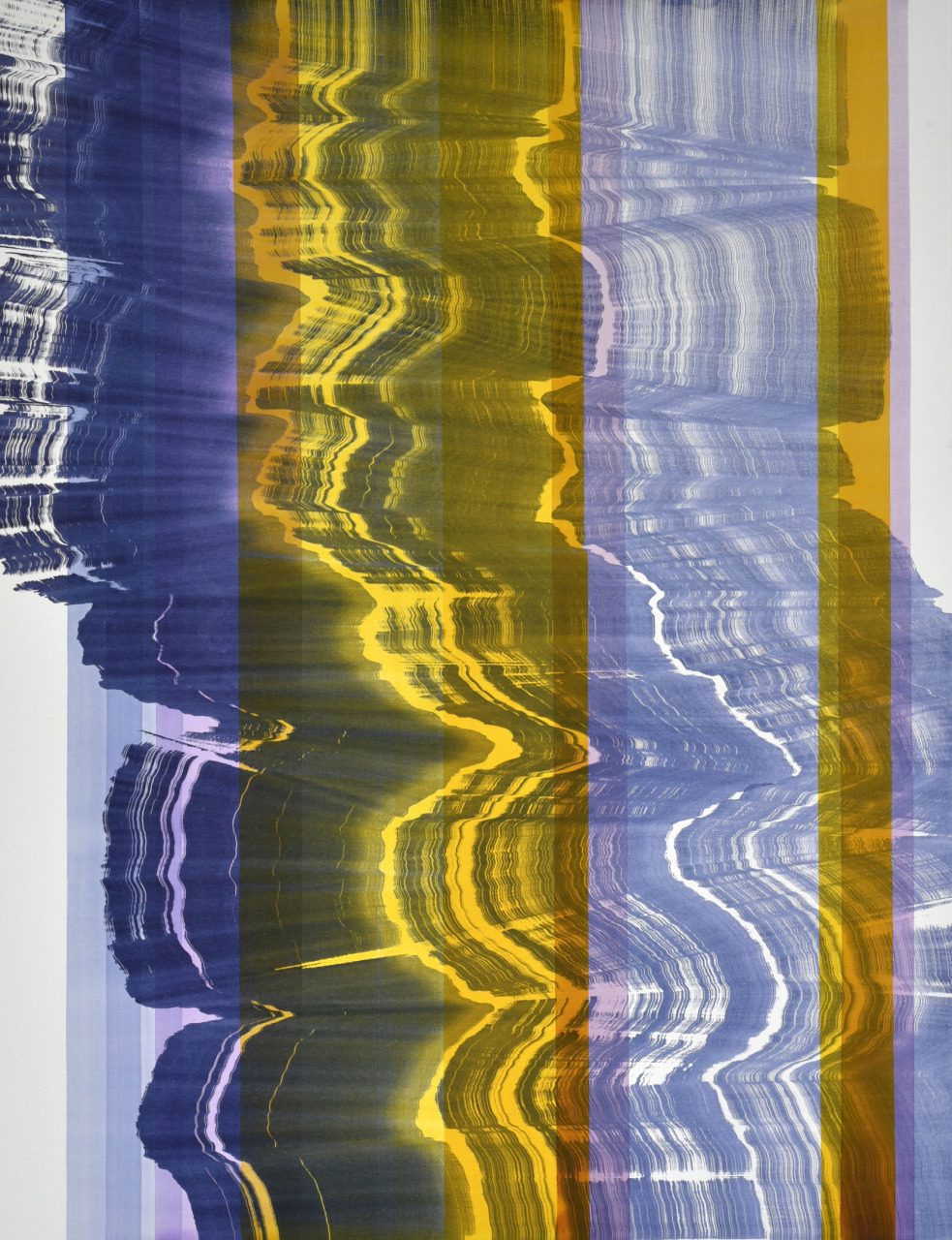 Abstract contemporary painting by Gyula Sági featuring layered blue brushstrokes, rhythmic mark-making, and translucent bands exploring repetition, movement, and analogue processes.