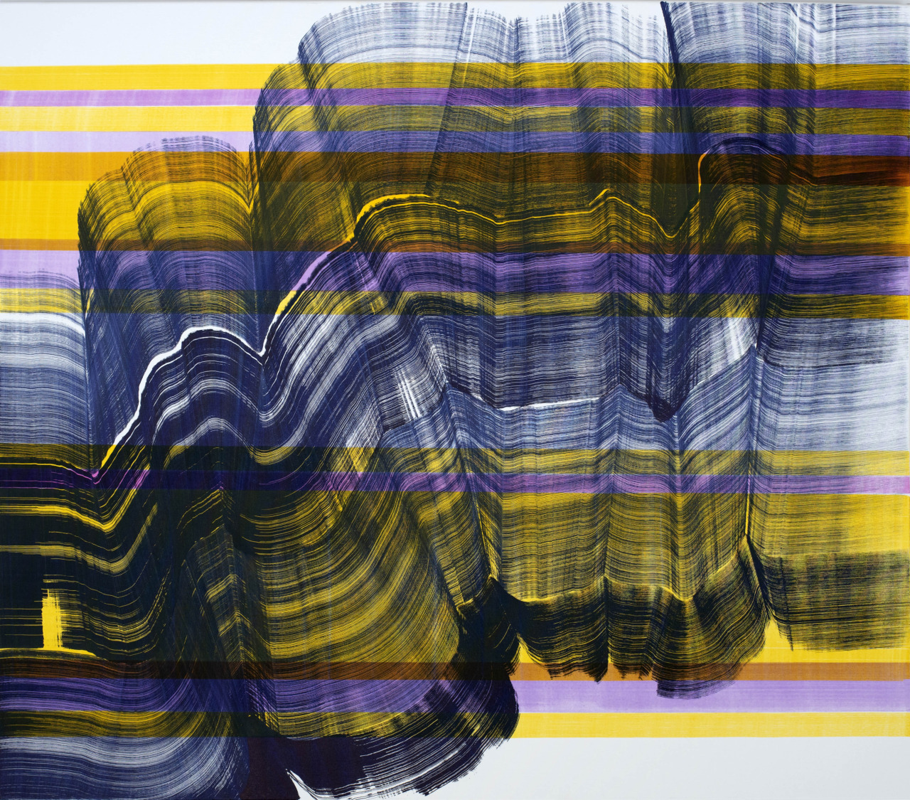 Abstract contemporary painting by Gyula Sági featuring layered blue brushstrokes, rhythmic mark-making, and translucent bands exploring repetition, movement, and analogue processes.